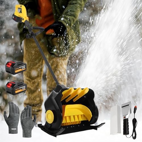 aromaoveite Cordless Snow Shovel w/Gloves+Heated Snow Shovel,Electric Snow Blower for Driveway-Adjustable Front Handle 90° Rotates,41cm Width, 15cm Depth,10m Throwing Distance(2 Batteries),Yellow