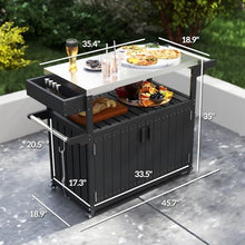 Modern Outdoor Bar Tables with Four 360° Swivel Wheels and Detachable Paper Towel Rack, Mobile Storage Islands with Cabinet and Open Shelf (Black and Silver)