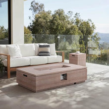 Christopher Knight Home 48.2 Inch Outdoor Rectangular Fire Pit Set with Tank Cover Side Table, MgO Concrete Propane Fire Pit 50000 BTU, Natural Modern Patio Heating Table Set