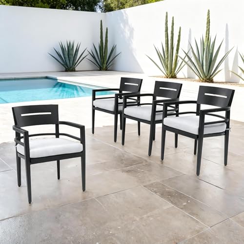 WAQINBR 4 Piece Aluminum Dining Chairs Set, Outdoor/Indoor Stationary Dining Chairs with Comfortable Fabric Cushions &Tapered Feet for Garden, Backyard, Poolside, Bistro, Ember Black