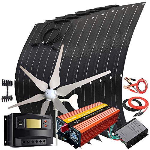 1000W 12V/24V Solar Wind Turbine Generator Kit: 400W Wind Turbine+ 6pcs 100W Flexible Solar Panel & 2000W Power Inverter + 60A Charge Controller for Homes Boat Charge Battery (with 2000w Inverter)