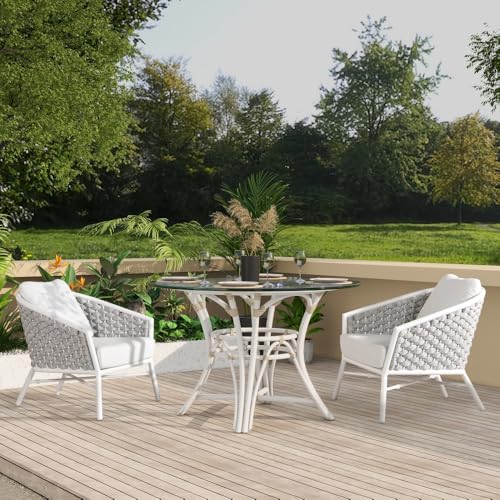 callmego Rope-Wrapped Barrel-Style Outdoor Counter Stool with Low Back Design for Patio, Deck, or Balcony Seating (Arm Chair + White + Acrylic)