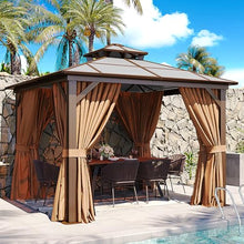 Aoxun 10'x10' Hardtop Gazebo with Netting and Curtains Brown
