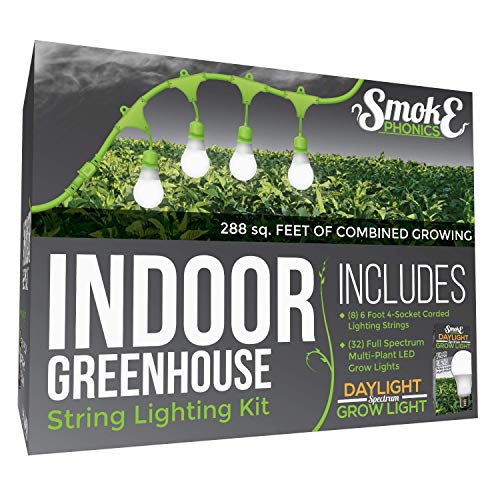 SmokePhonics 609573 4-Socket Corded Indoor Greenhouse Kit with 4 Full Spectrum Daylight Grow Lights Replacing 150W Each (8-Pack), 8 6ft Strings, 32 Bulbs