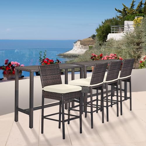 Outdoor Bar Set for Patio 6pcs Outdoor Bar Tables and Chairs Set All Weather Bar Height High Top Outdoor Tables and Chairs Wicker Bar Stools Set of 4 Tall Patio Table for Outside Balcony Brown (Beige)