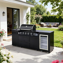 Outdoor Kitchen Island with Built in Grill, 4 Burner 71500 BTU Stainless Steel Gas Barbecue Island, Patio Cooking Station with Refrigerator & Sink, Built In Grill Island for Backyard (Black)