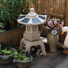 RAN 18.9in Tall Stone Pagoda Outdoor Statue, Waterproof Zen Japanese Lantern Garden Sculpture Solar Powered LED Light Outdoor Decor