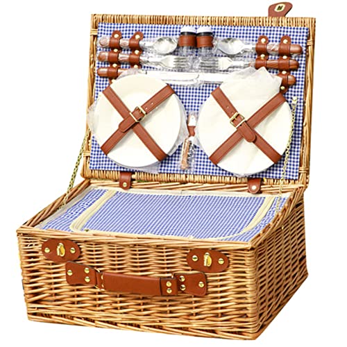 Wicker Picnic Basket Set for 4 Persons with Large Insulated Cooler Compartment, Willow Picnic Hamper Basket with Cutlery Service Kits for Camping, Wedding, Anniversary,Blue