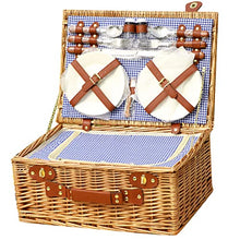 Wicker Picnic Basket Set for 4 Persons with Large Insulated Cooler Compartment, Willow Picnic Hamper Basket with Cutlery Service Kits for Camping, Wedding, Anniversary,Blue