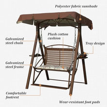 Outdoor Porch Swing with Canopy & Metal Frame, Waterproof Patio Swings with Seat Cushion & Pedals, Cup Holder Trays & Wear-Resistant Foot Pads for Garden Backyard(Brown)