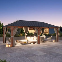 Big Leaf 12'x24' Wood Gazebo with Galvanized Steel Roof - Hardtop Gazebo with Cedar Frame Permanent Hardtop Pavilion with Mosquito Netting & Curtains for Garden, Backyard and Patio