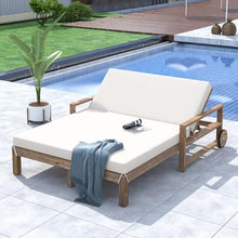Farmhouse-Styled Wooden Outdoor Double Sunbed with Adjustable Backrests for Ultimate Relaxation 2 People Patio Daybed Seating with Wheels, Garden Reclining Chaise Lounge (Beige Cushion)