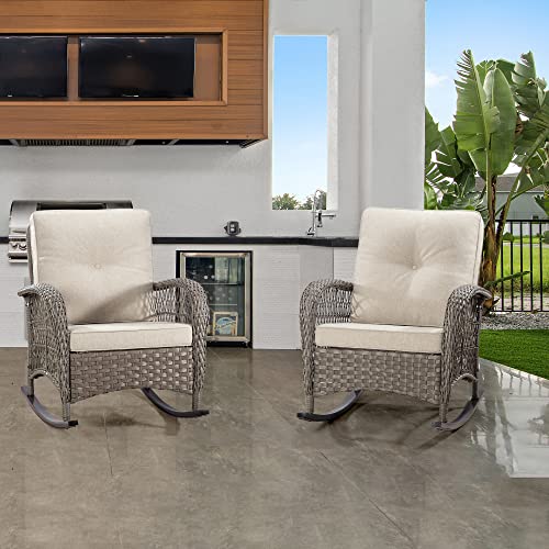 Gardenbee Patio Rocking Chair Set of 2 - Outdoor Rocker Chairs with Safe Rocking Design, Metal Frame All Weather Wicker and Premium Fabric Cushions (Mixed Brown/Beige)