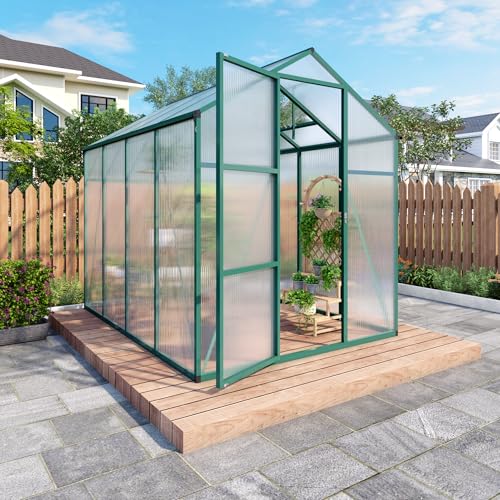 6x8 FT Greenhouse for Outdoors, Aluminum Large Walk-in Green House, Polycarbonate Panels, Adjustable Roof Vent, for Outside Garden Backyard, Patio, Lawn, Suitable for All Seasons (6x8 FT)