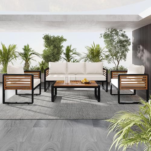 Merax Large Size 4-Pieces Outdoor Wood Sofa, Conversation Set for 5 Person, with Removable Cushions, Waterproof & UV-Resistant, Modern Patio Garden Set, Beige