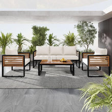 Merax Large Size 4-Pieces Outdoor Wood Sofa, Conversation Set for 5 Person, with Removable Cushions, Waterproof & UV-Resistant, Modern Patio Garden Set, Beige