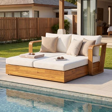 Merax Outdoor Daybed Patio Sofa Bed, Acacia Wood 2-Seater Patio Sofa with Thick Cushions, Teak Finish Outdoor Loveseat Daybed with Detachable Pillows for Poolside, Backyard, Porch & Sunroom