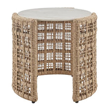 Armen Living Driftbay Natural Rattan Round Outdoor Side Table with Sintered Stone Table Top