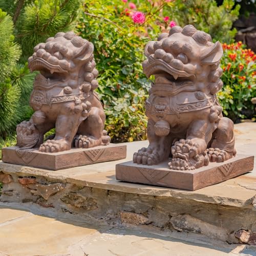 Zaer Ltd. Set of 2 Traditional Fu Dog Garden Statues, Chinese Guardian Lion Sculptures with Pedestals, Made with Magnesium-Cement (Antique Rust)