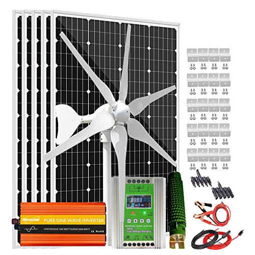 1000W Solar Wind Hybrid Kit 12V Battery Charger with 3000W Inverter: 5pcs 120W Monocrystalline Solar Panel,400W Wind Turbine Generator,Hybrid MPPT Charge Controller & Brackets