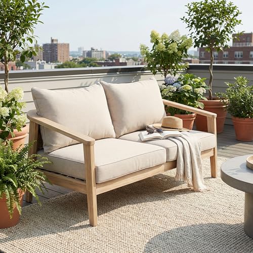 Merax Outdoor Acacia Wood & Wicker Loveseat, 2-Seater Patio Garden Sofa
