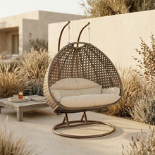 LeisureMod 2-Person Wicker Egg Chair, Cream, Beige Steel Stand