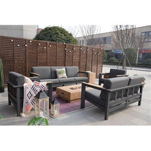 Aluminum 7-Person Seating Group with Fire Pit and Gray Cushions