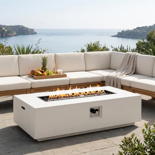 Merax 56" Rectangular MGO Propane Fire Pit Table, 50,000 BTU Outdoor Patio Heater with Modern Concrete Design for Backyard, Deck, Garden (Tank Cover Not Included), White