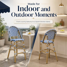 Set of 2 French Bistro Bar Stools, Blue White Hand Woven PE Rattan Counter Height Bar Chairs, Lightweight Aluminum Frame Barstool with Back & Footrest for Patio Kitchen Island Home Bar Indoor Outdoor