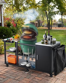 Grill Table for Big Green Egg Style BBQ, Heavy Duty Metal Outdoor Grill Station Prep Table With Storage,Garbage Bag Holder, Hooks, Paper Towel Rack, Wheels, Compatible With Egg Kamado Griller