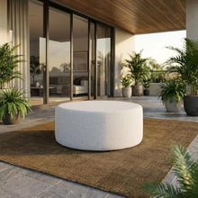 Outdoor Escape Gray Round Woven Fabric Upholstered Ottoman, 38-Inch Diameter, Durable and Stylish, Perfect for Patio Living Spaces
