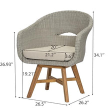 Christopher Knight Home Ambes 7 Piece Acacia Wood Outdoor Dining Set for 6, Patio Dining Table and Chair Set with Curved Rattan Backrest & Cushions, Outdoor Dining Table Set, Beige+Grey Ash+Brown