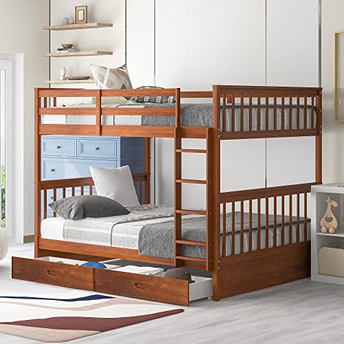 Jintop Full-Over-Full Bunk Bed with Ladders & Storage Drawers Walnut