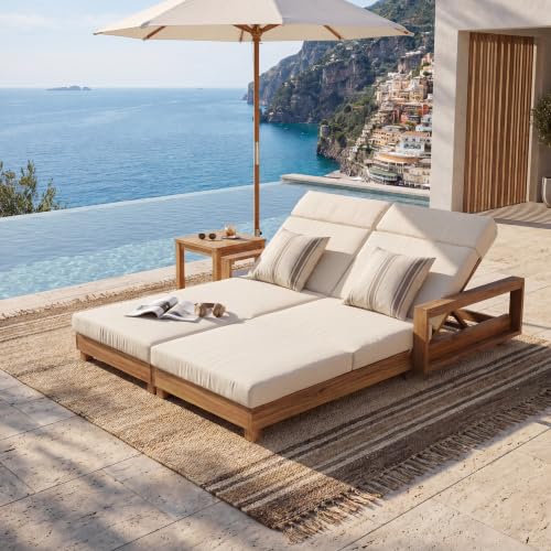 Merax Double Acacia Wood Chaise Lounge Set，4-Position Adjustable Backrests
