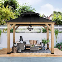 Sunjoy 11x11 ft. Wood Gazebo with Black Steel Hardtop Roof and Natural Wood Frame