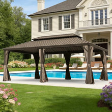 14x20 FT Grand Hardtop Pavilion, Commercial-Grade Metal Gazebo with Galvanized Steel Double Roof & Integrated Drainage, 280 sq ft Outdoor Canopy with Curtains & Mesh, Brown