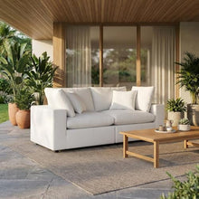 Outdoor Escape White Outdoor Patio Loveseat with Cushions, Fabric, Contemporary Stylish Frame, Comfortable Seating, Modern Furniture for Outdoor Spaces