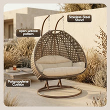 LeisureMod 2-Person Wicker Egg Chair, Cream, Beige Steel Stand