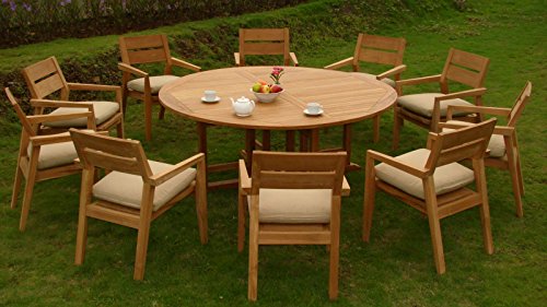 11 PC A Grade Outdoor Patio Teak Dining Furniture Set - 72" Round Table & 10 Cellore Stacking Arm Chairs