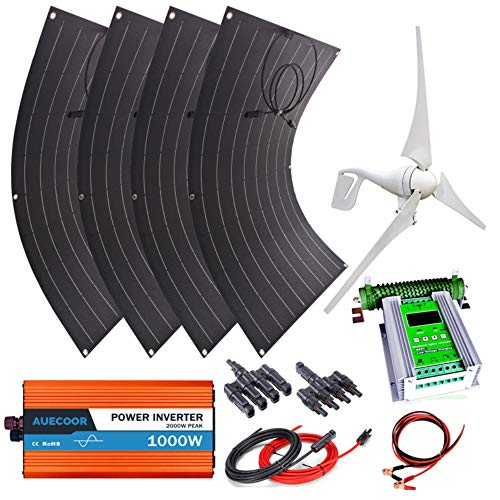 AUECOOR 800W Wind Solar Power: 4x100W Bendable Flexible Solar Panel+ 1pcs 12V/24V 400W Wind Turbine Generator+ 1000W Off Grid Inverter +Hybrid Controller+Accessories for Home Use