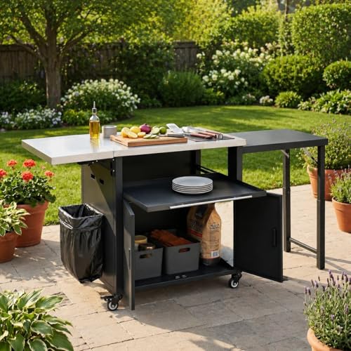 Portable BBQ Grill Cart, Outdoor Kitchen Island, Folding Prep Station with Trash Rack, Versatile Dining Cart, Ample Storage Space for Backyard and Patio Use, Perfect for Picnic and Family Gatherings