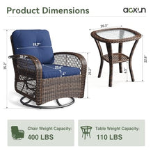Aoxun 3 Pieces Patio Furniture Set, Patio Swivel Rocker Chairs Set of 2, Wicker Outdoor Bistro Set with Rocking Chair, Thickened Cushions and Table for Porch (Blue)