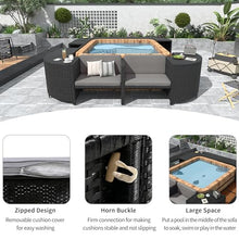 GDFStudio 105.5" x 105.5" Spa Surround Outdoor Patio Furniture Set, Quadrilateral Rattan Hot Tub Surround with Storage Cabinet, Wood & Cushioned Seats, Waterproof Cushions, Steel Frame, Grey