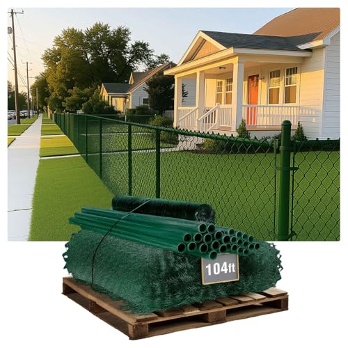 Fencer Wire 9 Gauge Durable Green Vinyl Coated Chain Link Fence Kit, Complete Fencing DIY Set w/Fence Fabric, Gate, Posts, Top Rails & Hardware for Yard, Garden & Animal Enclosures (6ft. x 104ft.)