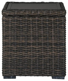 BOWERY HILL Square Patio End Table, 22.25 in H x 19.75 in W x 20 in D, All-Weather Resin Wicker with Rust-Proof Aluminum Frame, Brown Finish, Outdoor Table for Patio or Garden Use