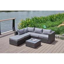 Pemberly Row Outdoor Sectional Sofa Set, Gray Cushions, Brown Wicker/Rattan Frame, 86" L x 80" W x 28" H, Tempered Glass Top Coffee Table, Water-Resistant Cushions, Modern Patio Furniture for