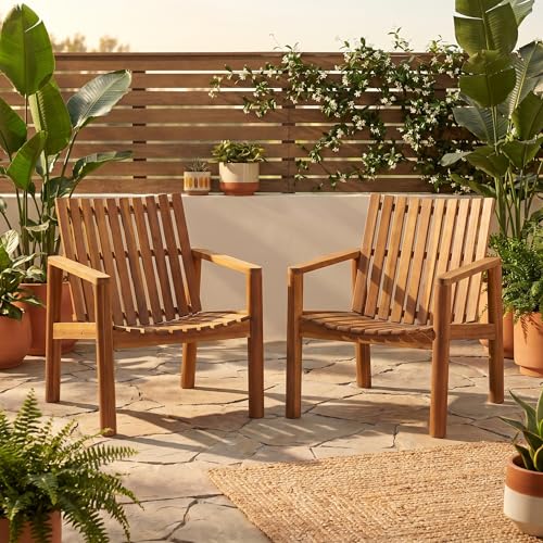 Christopher Knight Home Mabel Outdoor Acacia Wood Lounge Chairs with Arms, Solid Patio Chairs Set of 2 with Slatted Back & Curved Seat, Modern Wooden Outdoor Chairs for Patio Deck Balcony, Teak