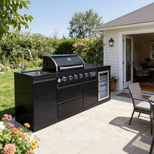 Outdoor Kitchen Island with Built in Grill, 4 Burner 71500 BTU Stainless Steel Gas Barbecue Island, Patio Cooking Station with Refrigerator & Sink, Built In Grill Island for Backyard (Black)
