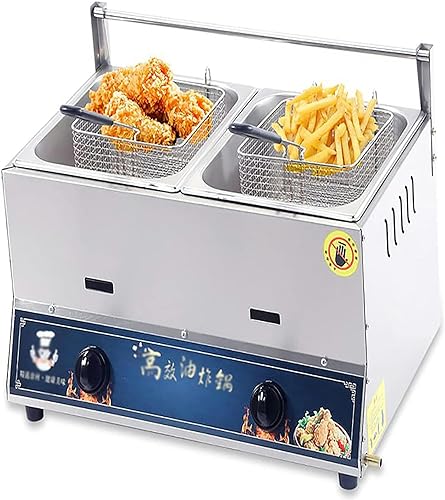EliteBloom Gas Deep Fryer 20L Commercial Lpg Gas Fryer Stainless Steel Countertop, Stainless Steel Outdoor Cooker, Chicken Chips Fryer for French Fries Restaurant Kitchen,with 1 Bas,with 2 Baskets