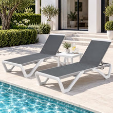 Kozyard Outdoor Chaise Lounge Chair, Full Flat Adjustable Patio Lounger with Aluminum Frame & Resin Legs, Textilene Fabric for Poolside, Backyard & Beach (Gray, 2Chairs + Table)